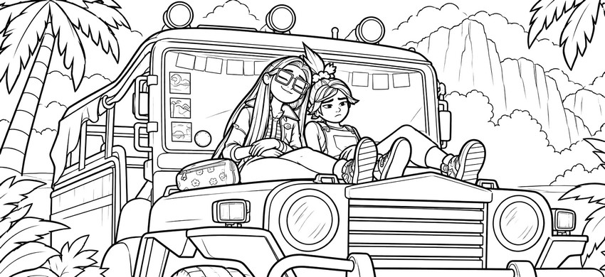 Coloring page - On the jeep - Forgotten Island