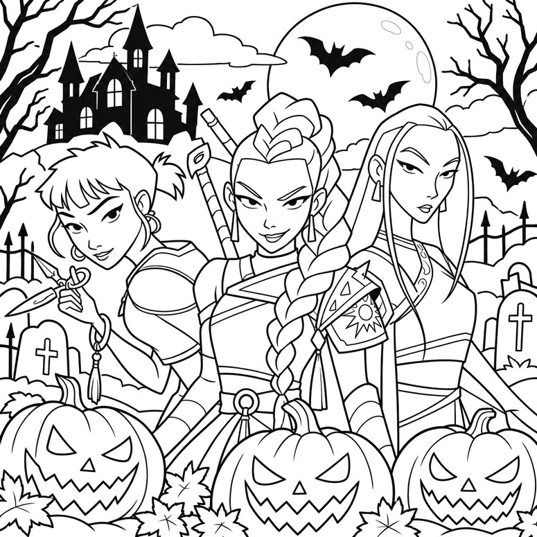 Coloring page - Rumi, Mira and Zoey - Kpop Demon Hunters - Halloween
