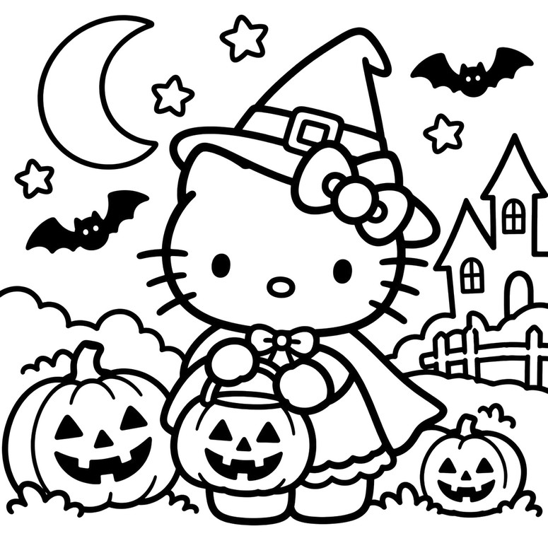 Ausmalbild - Hexe - Hello Kitty Halloween