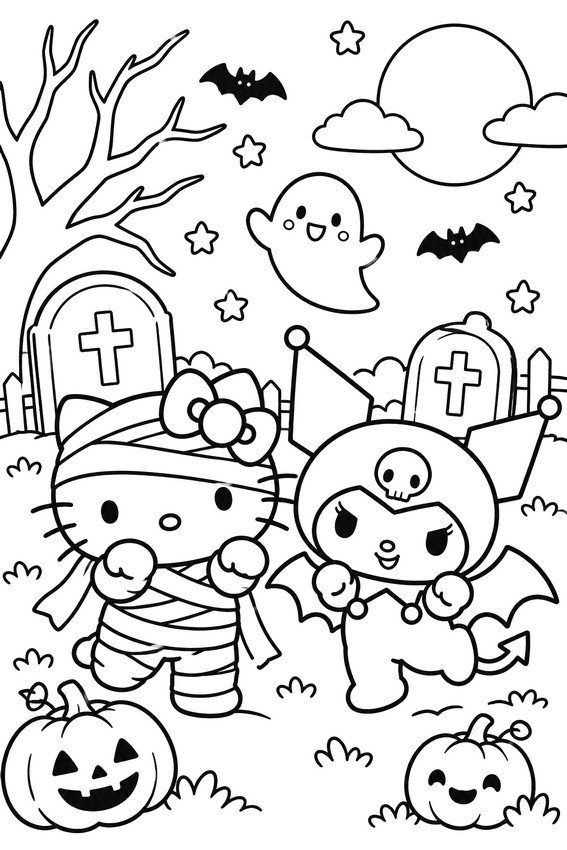 Ausmalbild - Hello Kitty und Kuromi - Hello Kitty Halloween