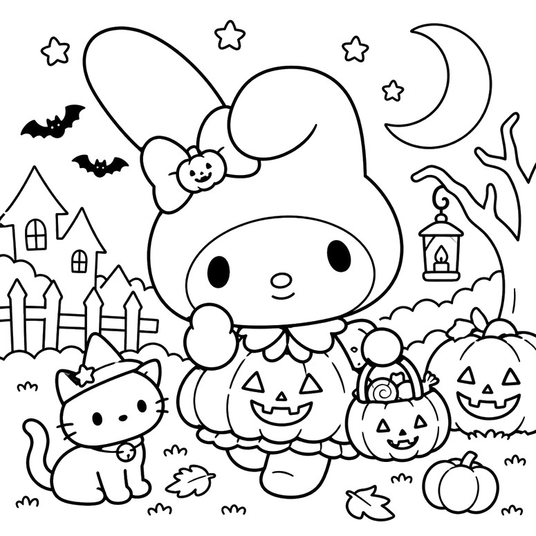 Zeichnung zum Ausmalen - My Melody - Hello Kitty Halloween