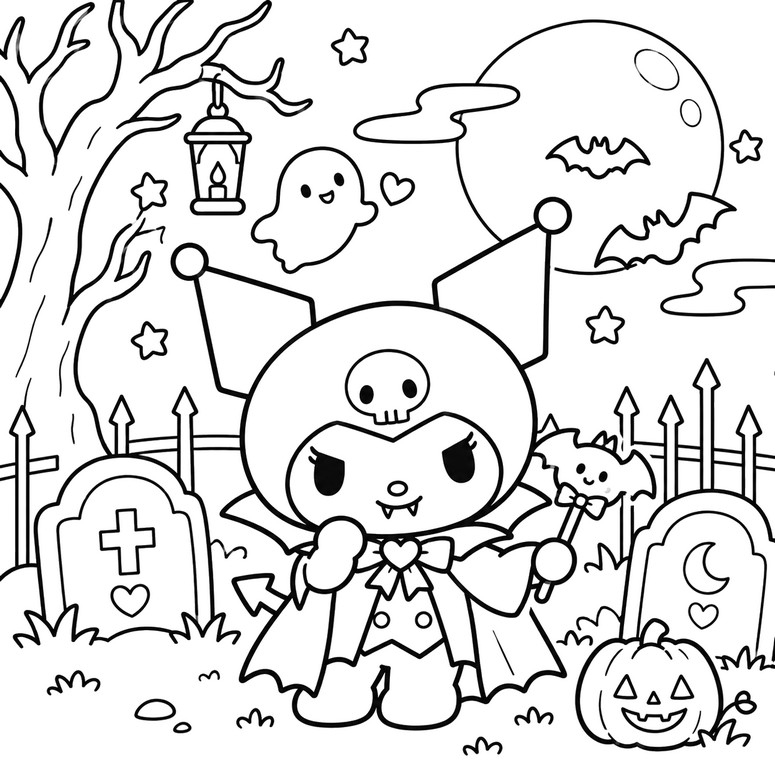 Ausmalbild zum Ausdrucken - Kuromi - Hello Kitty Halloween