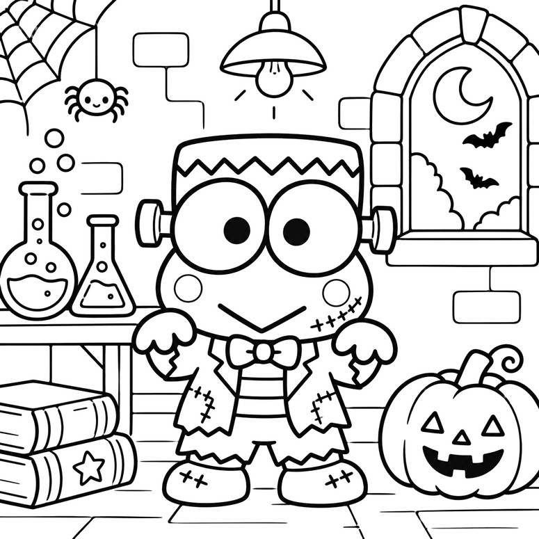 Ausmalbild zum Herunterladen - Keroppi - Hello Kitty Halloween