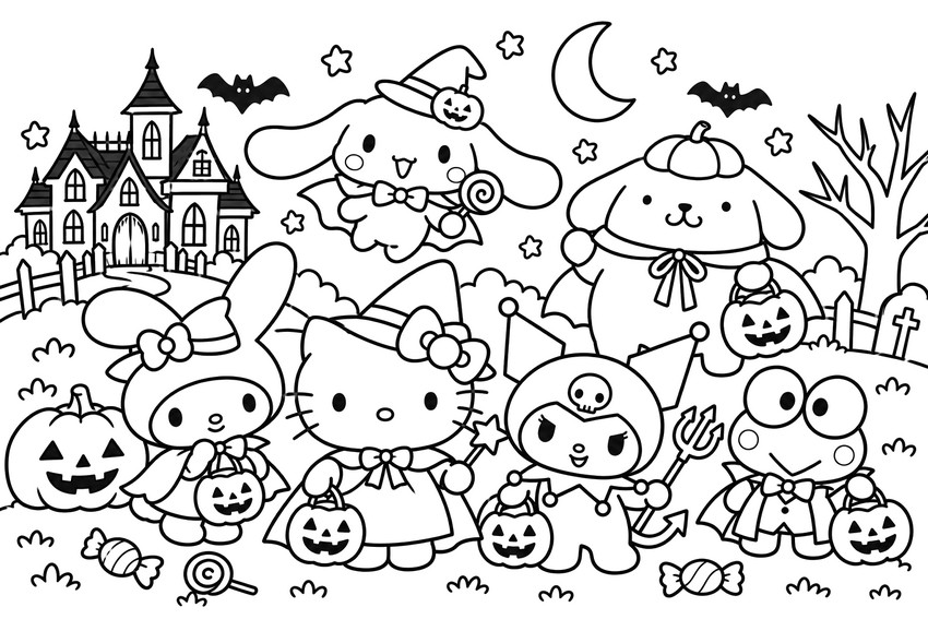 Bild zum Ausmalen - Party - Hello Kitty Halloween