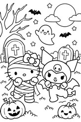 Ausmalbild zum Ausdrucken - Hello Kitty und Kuromi - Hello Kitty Halloween