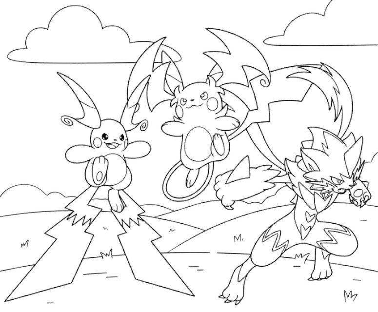Coloring sheet - Mega Raichu X, Mega Raichu Y and Mega Zeraora - Pokémon Mega Dimension