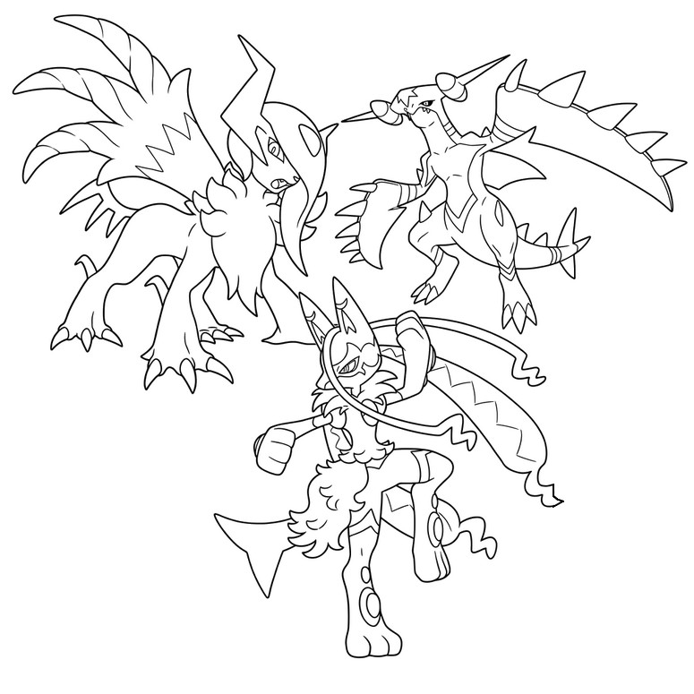 Downloadable coloring - Mega Lucario Z, Mega Garchomp Z, and Mega Absol Z - Pokémon Mega Dimension