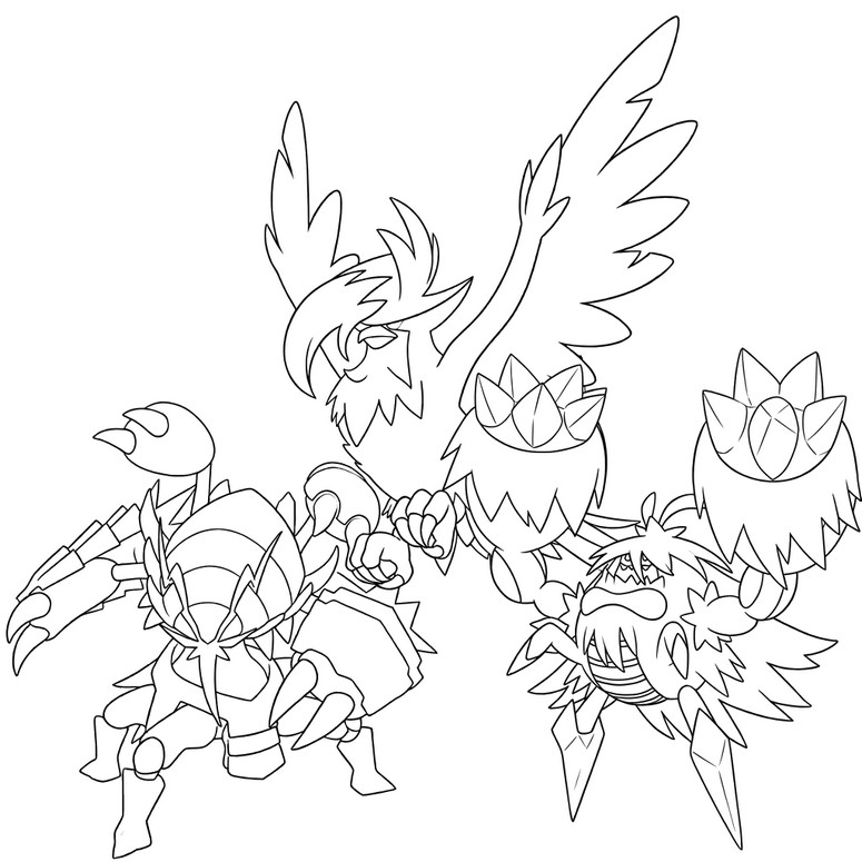 Free coloring page - Mega Staraptor, Mega Golisopod, and Mega Crabominable - Pokémon Mega Dimension