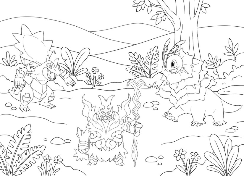 Rysunek do kolorowania - Mega Meganium, Mega Feraligatr i Mega Emboar - Megaewolucje Pokémon z Legends Z-A
