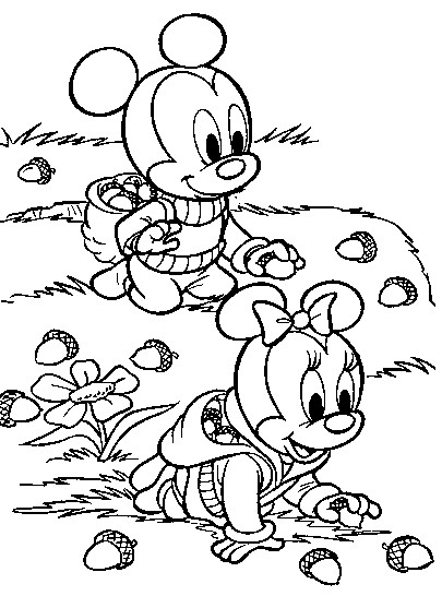 Coloriage Les bébés Mickey et Minnie ramassent des glands - Automne