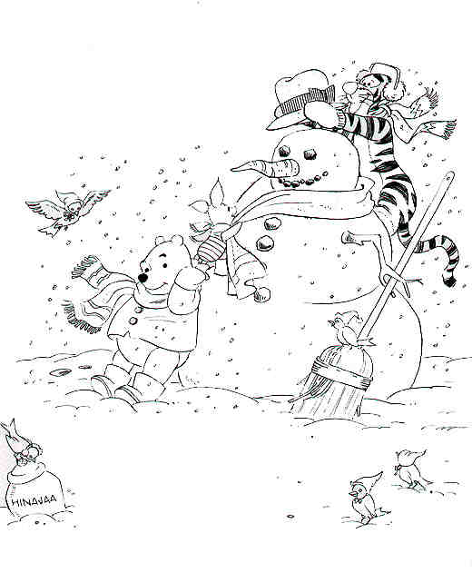 Coloriage Winnie et Tigrou font un bonhomme de neige - Hiver