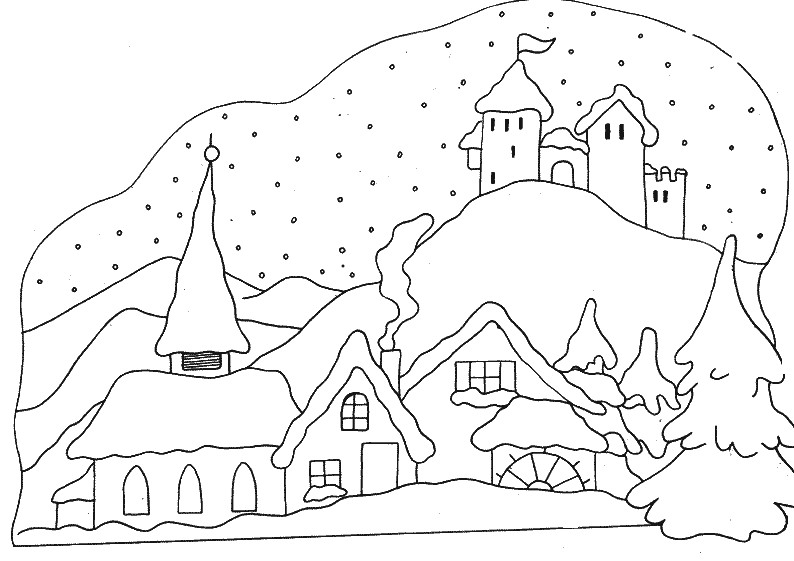 Coloriage Village sous la neige - Hiver