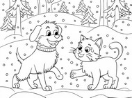 Nedlastbar tegning - Hund og katt - Vinter