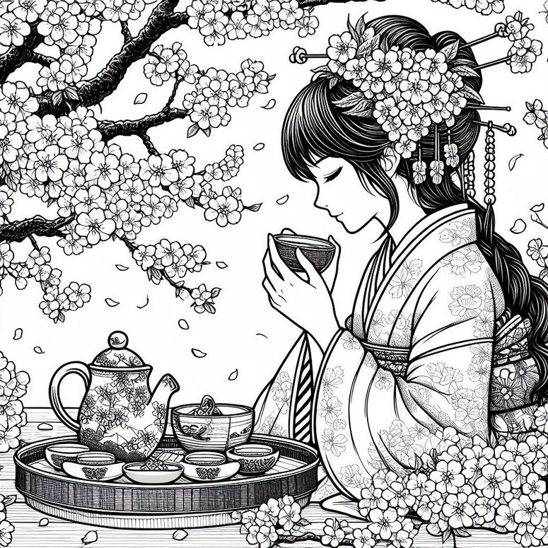 Desenho para colorir Hanami no Japão