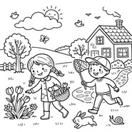 Inkleurbare afbeelding - Kinderen - Lente