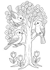 Coloriage Arbre en fleurs et oiseaux