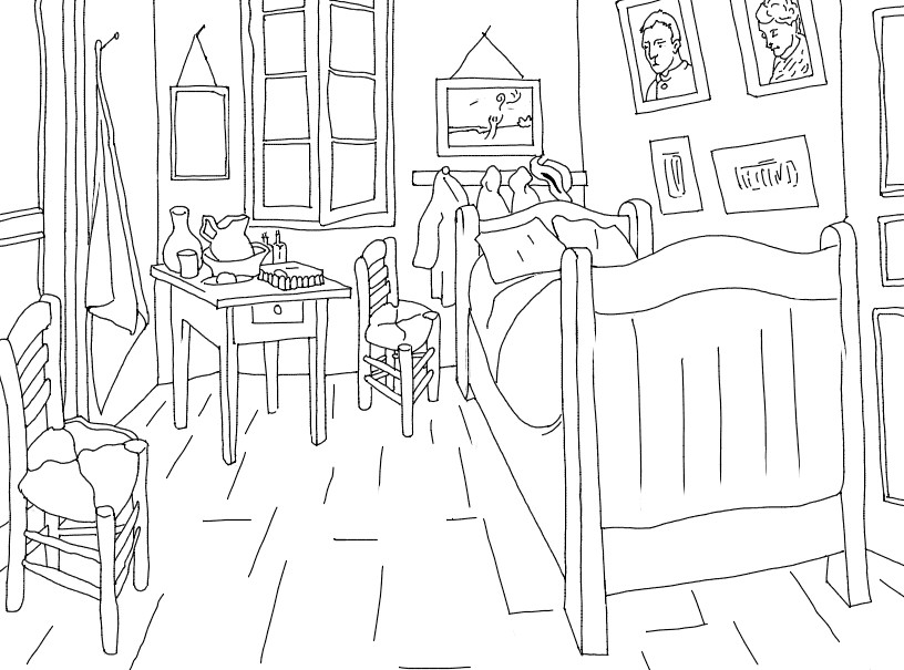 Coloring page Van Gogh: The bedroom - Art Famous paintings