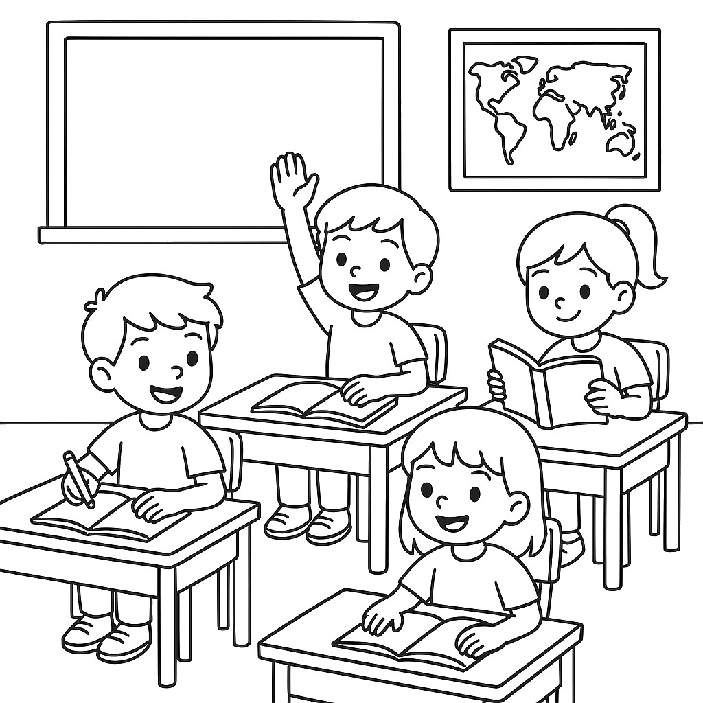 Dibujo para colorear - En el aula - Escuela