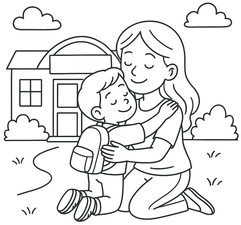 Hoja para colorear - Un abrazo antes de la escuela - Escuela