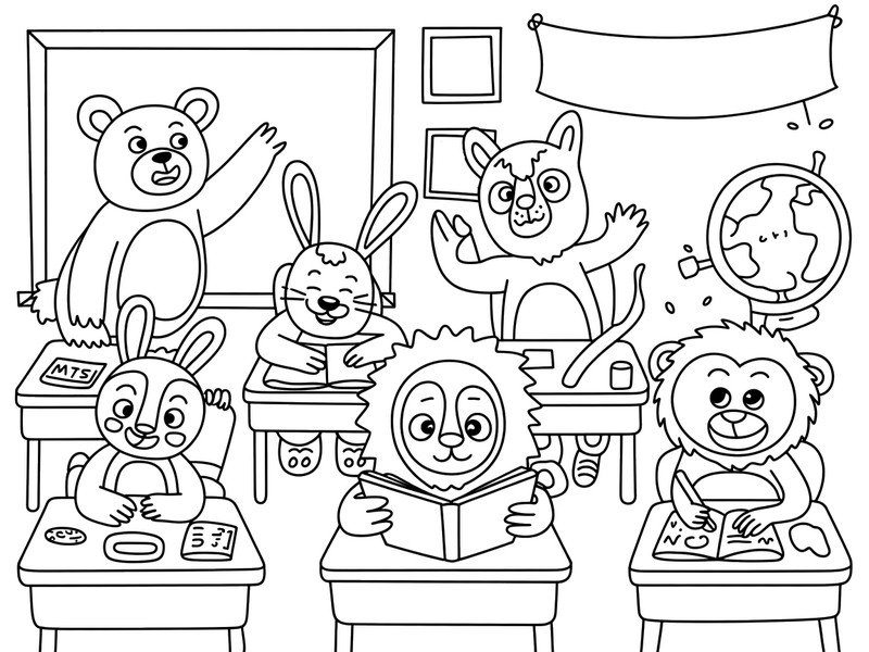 Lámina para colorear - Animales en la escuela - Escuela