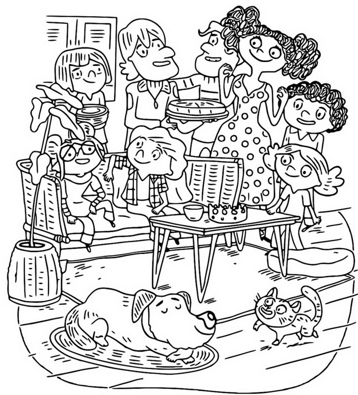 Coloriage La galette des rois en famille