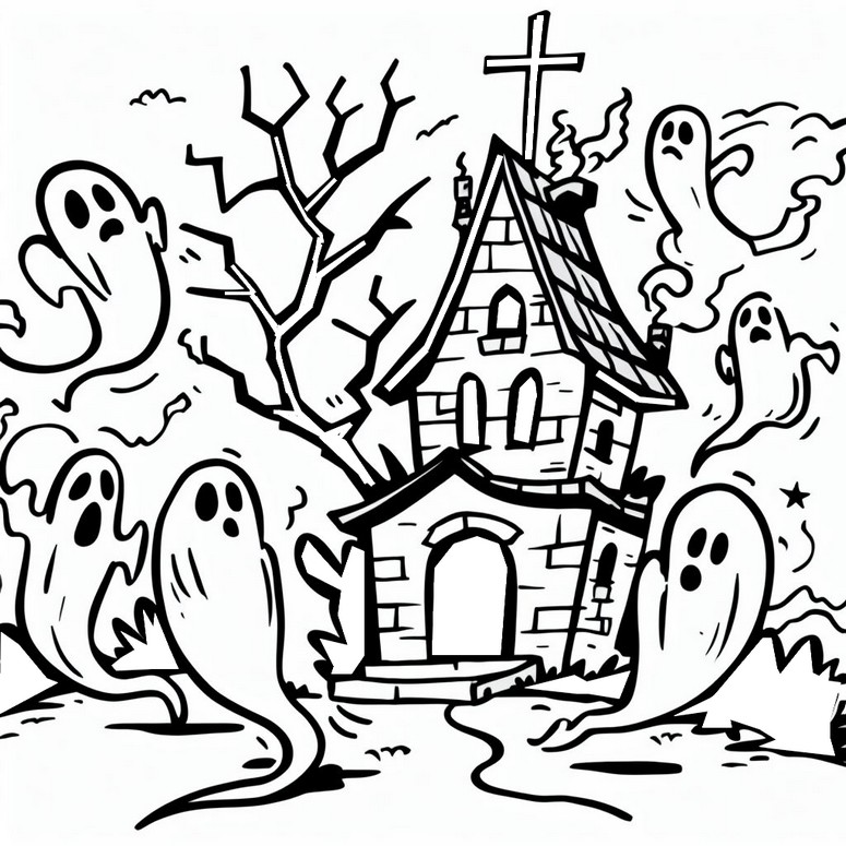 Coloring page The haunted house and ghosts - Halloween