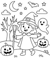 Image to color - Funny Witch and Ghost - Halloween