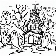 Coloring page The haunted house and ghosts
