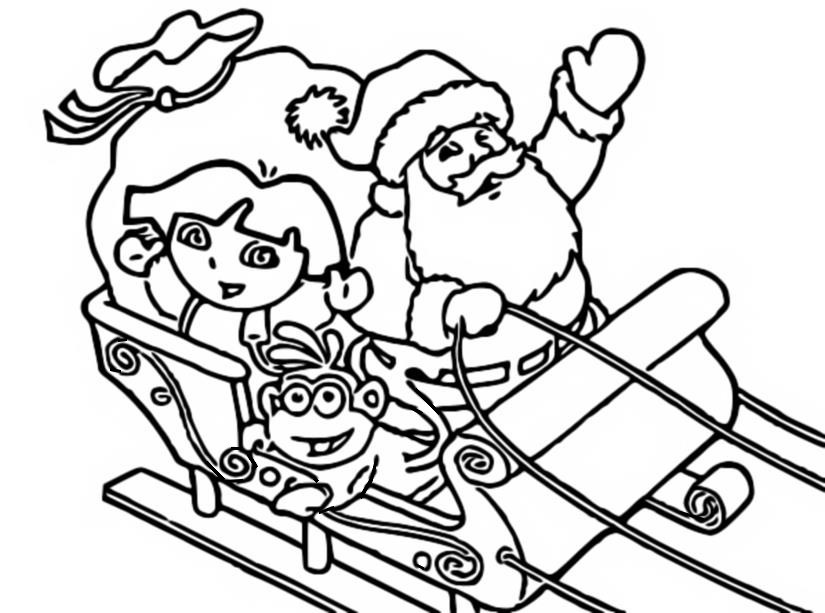 Coloriage Dora sur le traineau du Père Noël