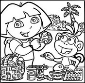 Coloriage Dora décore les oeufs de Pâques