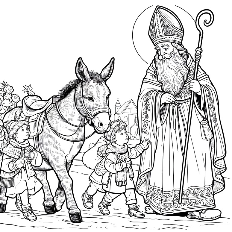 Tulostakaa värityskuvia Saint Nicholas lasten kanssa