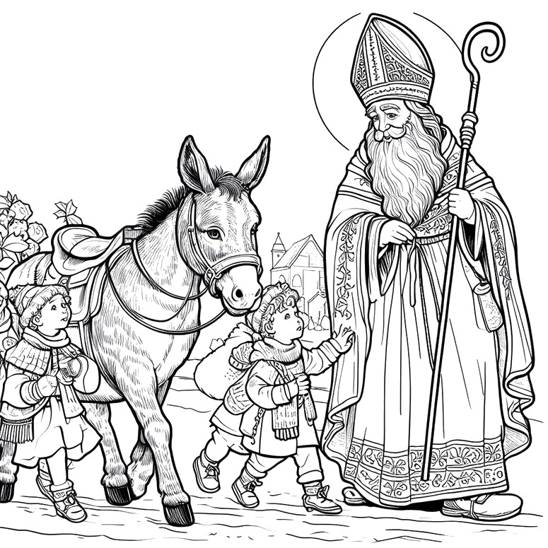 Disegno da colorare San Nicholas con i bambini