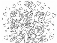 Tegning til farvelægning - Buket roser - Valentins Dag