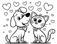 Udskrivbar farvelægningsside - Hund og kat - Valentins Dag