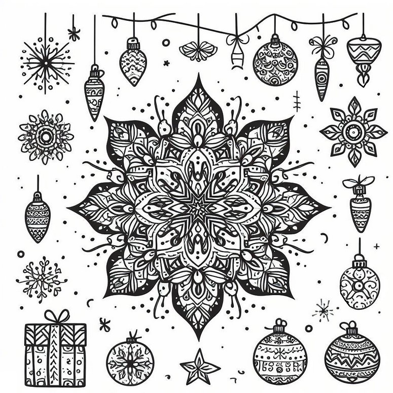 Desenho para colorir Bolas de Natal e presentes - Mandalas de Natal