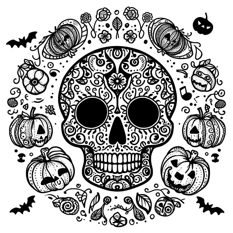 Coloriage Tête de mort et citrouilles - Mandalas Halloween