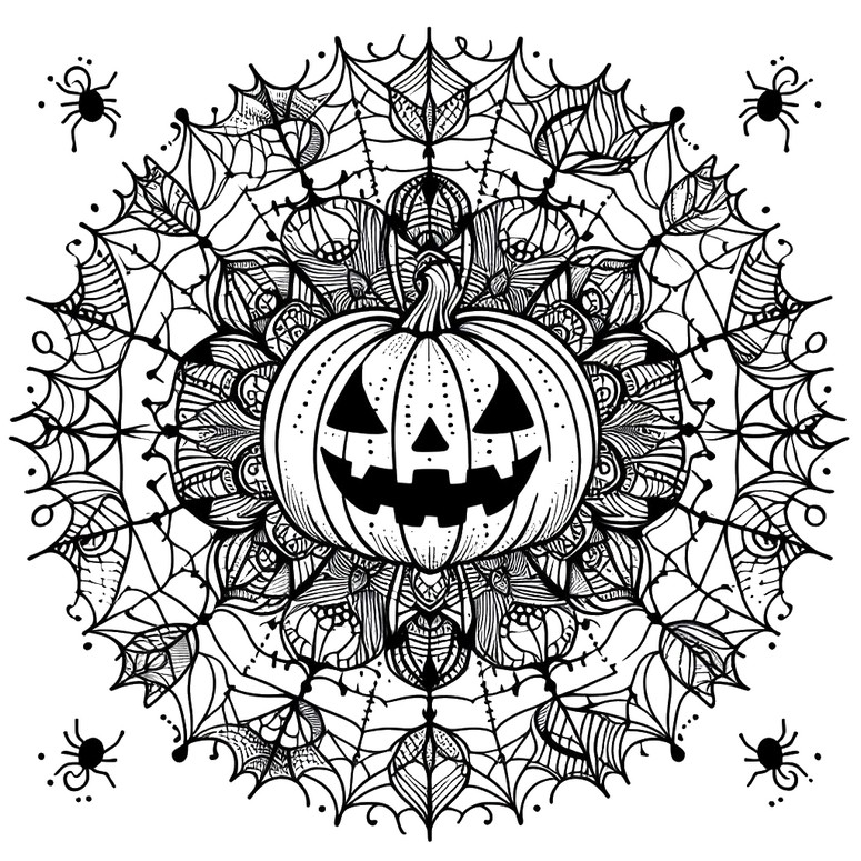 Dibujo para colorear Calabaza y arañas