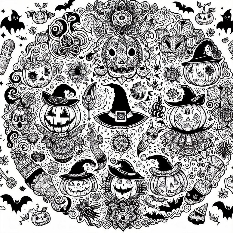 Coloriage Citrouilles et chapeaux de sorcière - Mandalas Halloween