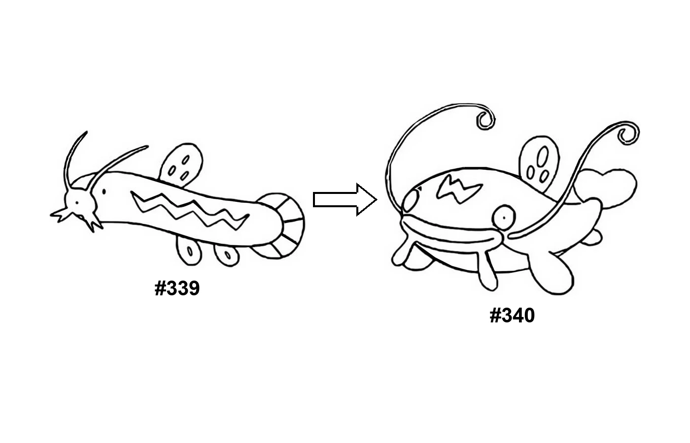 Pokémon evolution coloring page: Barboach, Whiscash