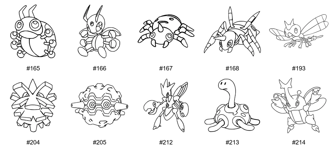 Ötökkä-tyypin Pokémon-värityskuvat - Sukupolvi 2 - Ledyba, Ledian, Spinarak, Ariados