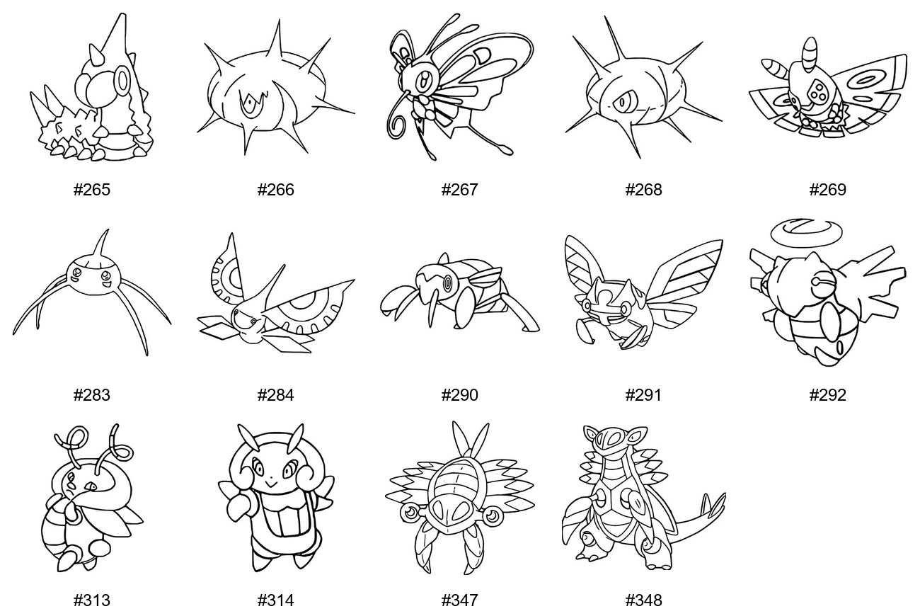 Ötökkä-tyypin Pokémon-värityskuvat - Sukupolvi 3 - Wurmple, Silcoon, Beautifly, Cascoon