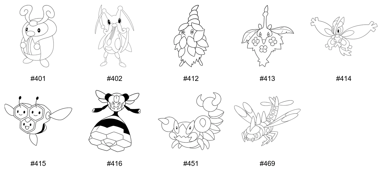 Ötökkä-tyypin Pokémon-värityskuvat - Sukupolvi 4 - Kricketot, Kricketune, Burmy, Wormadam