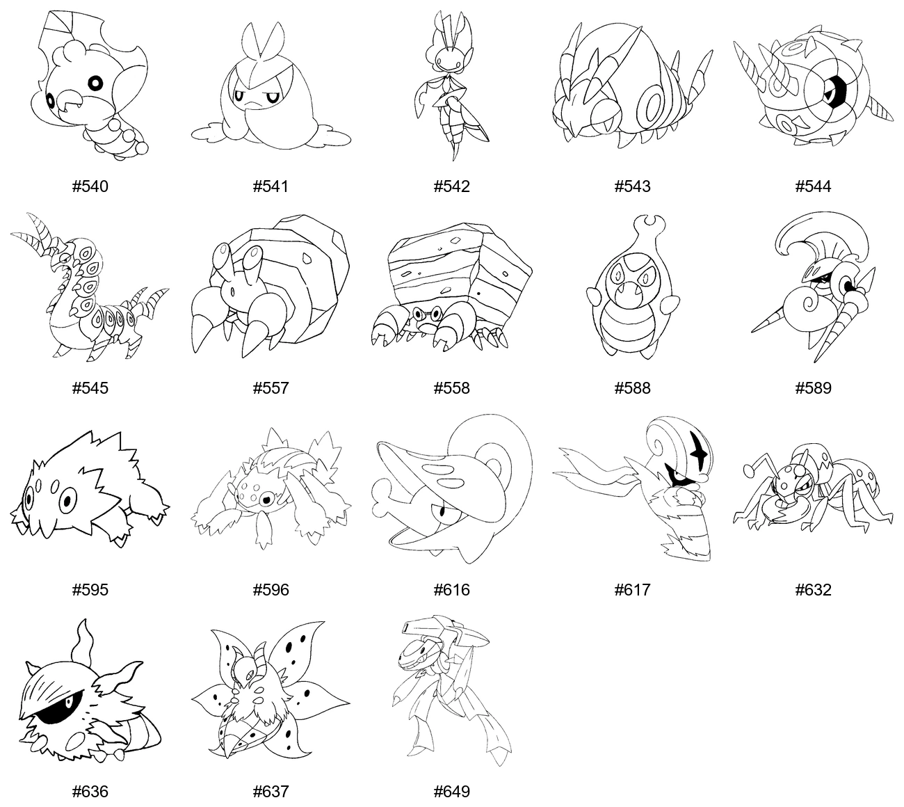 Ötökkä-tyypin Pokémon-värityskuvat - Sukupolvi 5 - Sewaddle, Swadloon, Leavanny, Venipede