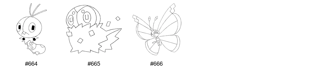 Ötökkä-tyypin Pokémon-värityskuvat - Sukupolvi 6 - Scatterbug, Spewpa, Vivillon