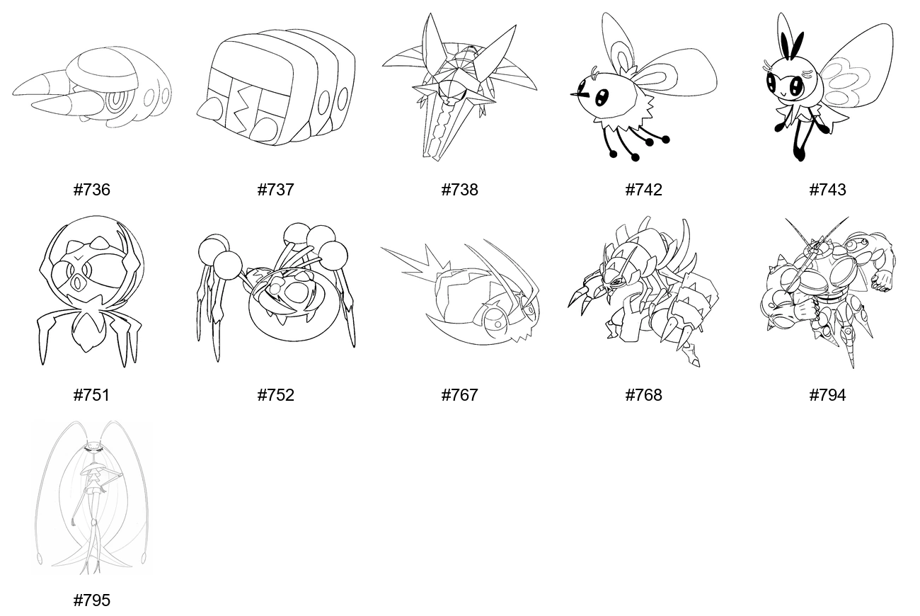 Ötökkä-tyypin Pokémon-värityskuvat - Sukupolvi 7 - Grubbin, Charjabug, Vikavolt, Cutiefly