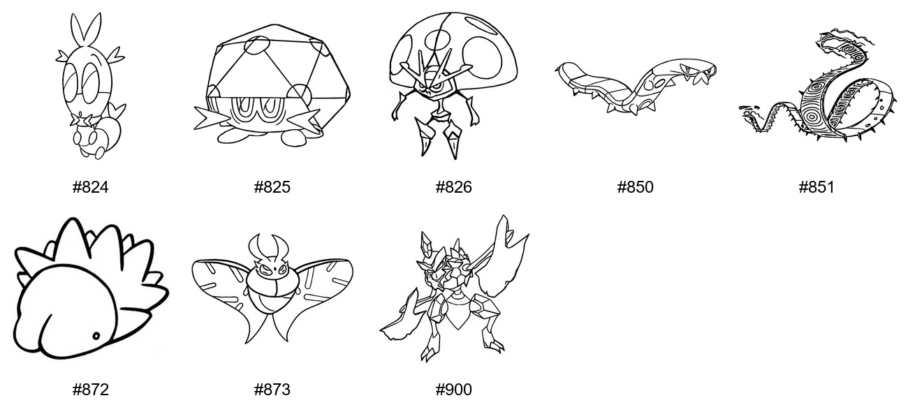 Ötökkä-tyypin Pokémon-värityskuvat - Sukupolvi 8 - Blipbug, Dottler, Orbeetle, Sizzlipede