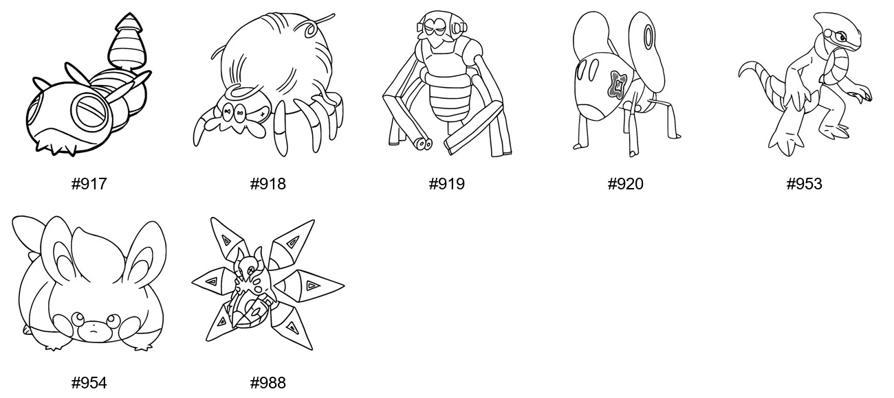 Ötökkä-tyypin Pokémon-värityskuvat - Sukupolvi 9 - Dudunsparce, Tarountula, Spidops, Nymble