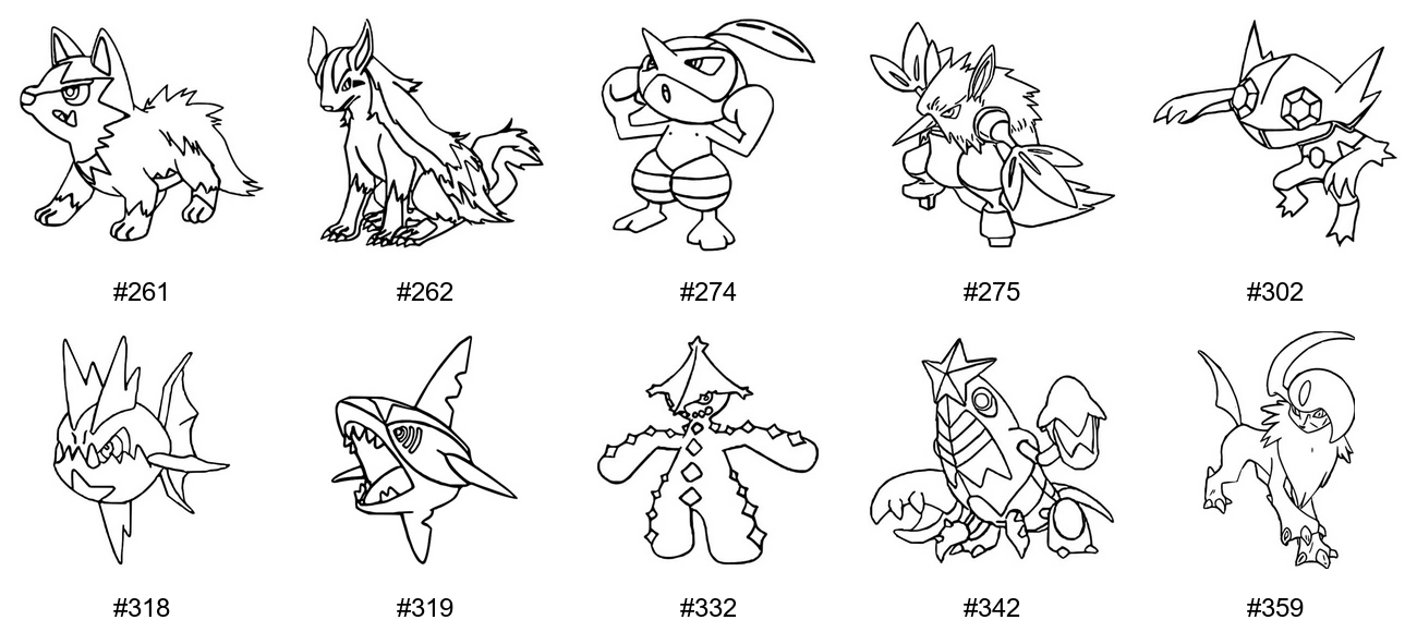Pimeys-tyypin Pokémon-värityskuvat - Sukupolvi 3 - Poochyena, Mightyena, Nuzleaf, Shiftry