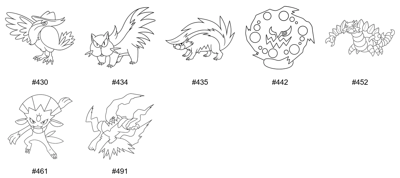 Pimeys-tyypin Pokémon-värityskuvat - Sukupolvi 4 - Honchkrow, Stunky, Skuntank, Spiritomb