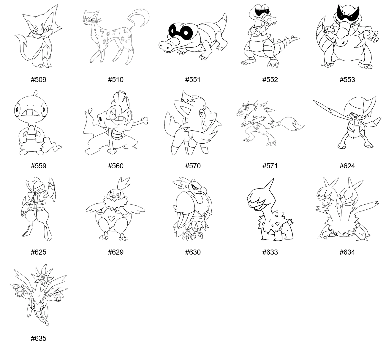 Pimeys-tyypin Pokémon-värityskuvat - Sukupolvi 5 - Purrloin, Liepard, Sandile, Krokorok